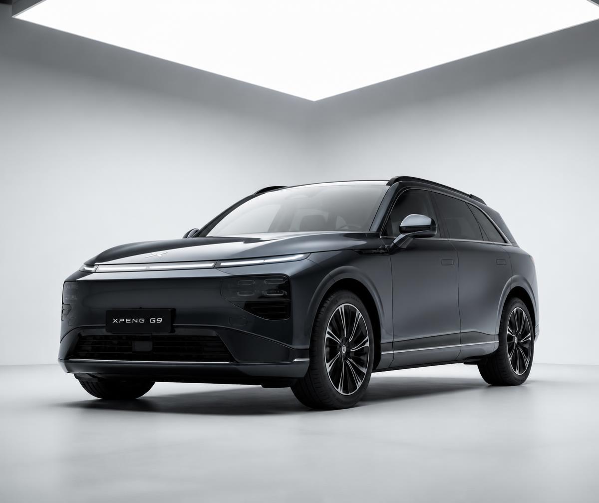 Dark metallic electric SUV lit from above in a minimalist studio